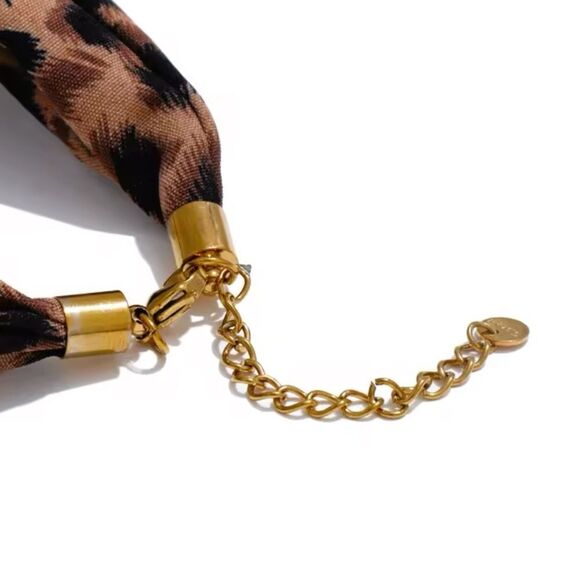 Leopard Print Scarf Necklace with Gold Sun Pendant – Bold, Glamorous & Unique - Picture 3 of 13